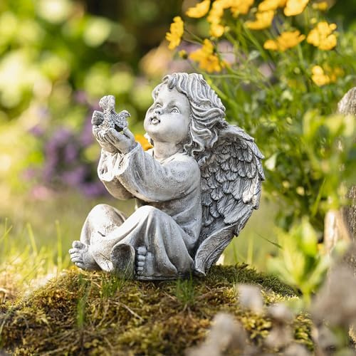 FRANK FLECHTWAREN Figur Engel mit Vogel, Polyresin, Höhe 20 cm, Verwitterte Optik, Filigran Gearbeitet, Dekofigur für Garten und Grabstein