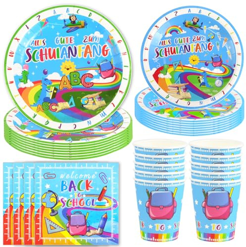 Hmfmdy Einschulung Partygeschirr Set, 50 Stück Schulanfang Party Deko, Schulstart Geburtstag Geschirr Kit, Schuleinführung Pappteller Becher Servietten, Kinder Schulkind Party Geschirr - 10 Gäste