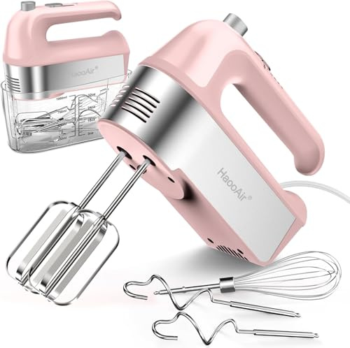HaooAir 450W Elektro-Handmixer, 5-Gang-Handmixer mit Messbecher-aufbewahrung, Turbo-Boost, Auswurftaste, Küchenmixer für Backen, 5* Edelstahl-Zubehör, Light Pink