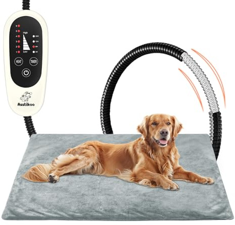 Asstikoo Tapis chauffant pour chiens chats, tapis chauffant pour animaux domestiques avec 4 minuteries et 6 niveaux température 30-55 ℃, couverture thermique chat chiens anti-morsure imperméable (XL