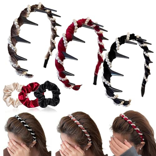6 Stück Vintage High Cranium Artificial Pearl Hairband, Haarreif Mit Zacken Damen, Samt Haarreifen, Doppelseitiges Design, Haarschmuck für Frauen Mädchen Geburtstag Party Geschenke