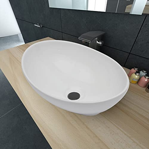 QJBSAVVA Lavabo in ceramica ovale, bianco, 40 x 33 cm, superficie lucida, design moderno, facile da pulire, per bagno, lavanderia e stanza del trucco