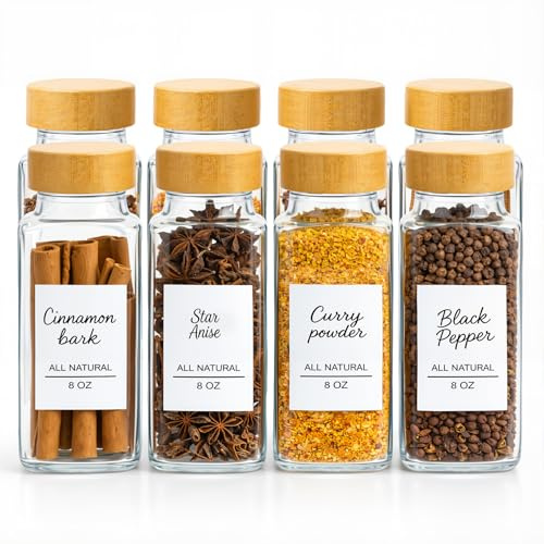 8Pcs Glass Spice Jars with Label, 240ML Spice Jars Seasoning Containers, Spice Containers with Bamboo Lids & Pen, Empty Spice Bottles for Salt, Herbs, Sugar, Pepper
