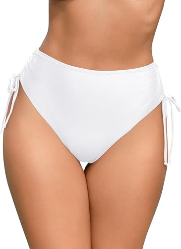 SHEKINI Women's High Waisted Bikini Bottoms Drawstrings Side Swim Briefs Moderate Coverage Swimsuit Bottom Bathing Suit Swimwear White