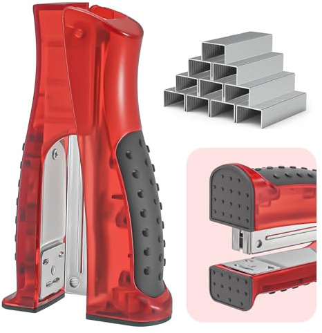 Stand-Up Stapler with 1000 Standard 1/4 Staples, Handheld Ergonomic Soft Grip 2-in-1 Vertical & Flat-Use Desktop Small Compact Stapler for Office, Home, School, Business & Classroom Supplies – Red