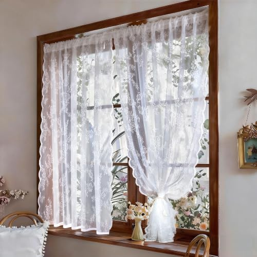Heveer Tende in Pizzo Bianco 2 Pannelli con Motivo Floreale Tenda a Pannello con 2 Fermatende per Tende per Soggiorno e Camera da Letto 75 x 60 cm