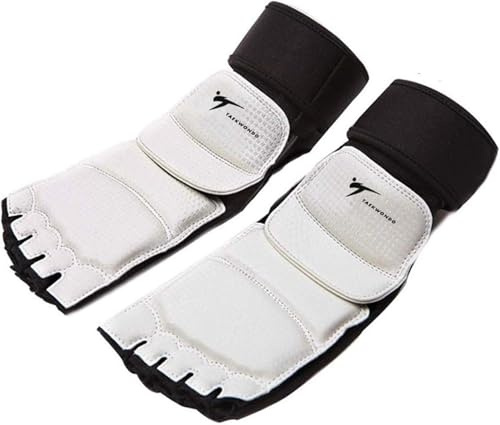Taekwondo Feet Protector Men Women Kids Half Finger Leather for Boxing MMA Sparring Martial Arts, Ankle Brace Support Pad Guard Gear Mitts Professional fit Punch Bag Grappling Training Gym (White, M)