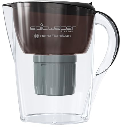 Epic Water Filters Nano - Jarras de filtro de agua para agua potable, 10 tazas, filtro de 150 galones, filtro de agua por gravedad, elimina virus, bacterias, cloro, purificador de agua (negro)