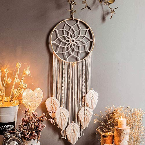 Boho Traumfänger Handgefertigt, Makramee Wandbehang Traumfänger mit LED Licht, Woven Wanddeko Wandteppich, Böhmische Tapisserie Gewebte Geschenke Hochzeit Mädchen Zimmer Schlafzimmer Dekoration