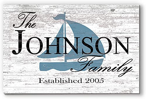 Custom Beach House Sign or Lake Home Sign - Name and Established Date - Sailing Theme - Solid Wood - 16.5in x 10.5in (Sailboat)