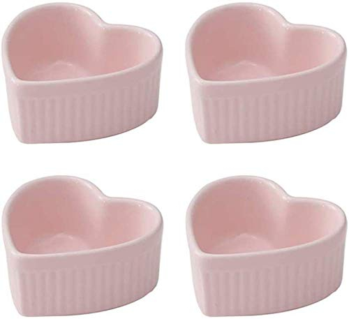 YRHH Dessert Bowl 4 oz Ramekins, Set of 4, Ceramic Heart Shaped Molds, for Baking Cakes, Jams, Souffle, Creme Brulee-pink