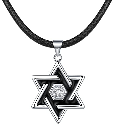 REIOT Collana con Stella di David da Uomo, Ciondolo Stella Ebraica Esagonale con Catena in Corda in Finta Pelle, Gioielli Amuleto da Uomo