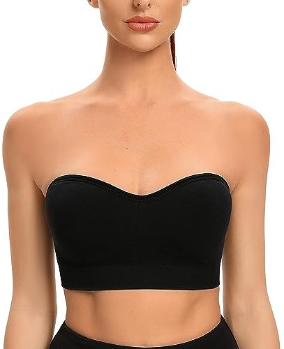 ANGOOL Damen Trägerloser BH Push Up ohne Bügel Bandeau Top Damen Gepolsterter Seamless Rutschfestes Silikon mit Transparenten Trägern, Schwarz, XL