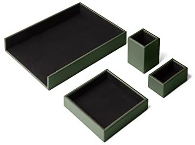 Eglooh - Atena - Schreibtisch Set Echtes Leder Grün - Schreibtisch Zubehör mit 4 Stücken: Taschenleerer, Stiftehalter, Ablagefächer, Visitenkartenhalter - Made in Italy