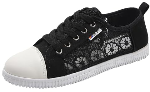 Jamron kvinnor flickor sommar broderi spets Plimsoll träningsskor snörning nät sneakers skor, Svart, 38 EU