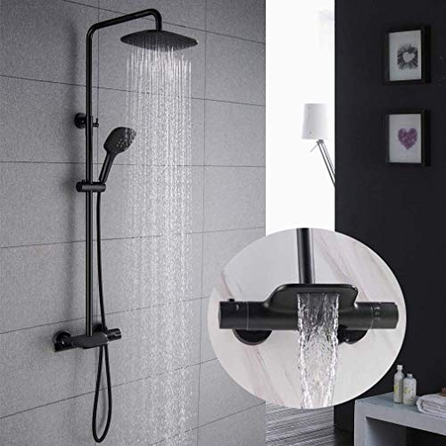 WENKA Modernes Badezimmer-Duschsystem, schwarze freiliegende Duscharmatur, Set mit Wasserfall-Badewannenfüller, Regenduschkopf und verstellbarer Handbrause für die Badewanne