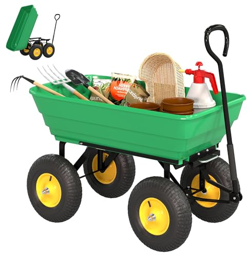 Outsunny Carro de Jardín Basculante Carga 200 kg Capacidad 75 L Carretilla de Transporte Carro para Playa con Marco de Acero y 4 Ruedas Neumáticas Verde
