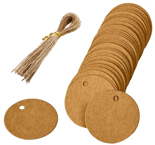 100-kreisförmige Geschenketiketten aus Kraftpapier, 5cm braunes Geschenketikett, kreisförmiges Kraftpapier-Anhänger-Etikett, mit 100-Hanfseilen, passend für Kunst, Geschenkverpackung, etc.