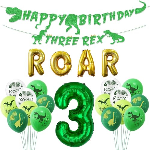 Dinosaurier 3. Geburtstag Dekorationen, Banner, brüllende Luftballons, drei Geburtstagsdekorationen für Jungen Kinder 3rd Dinosaur Party Supplies