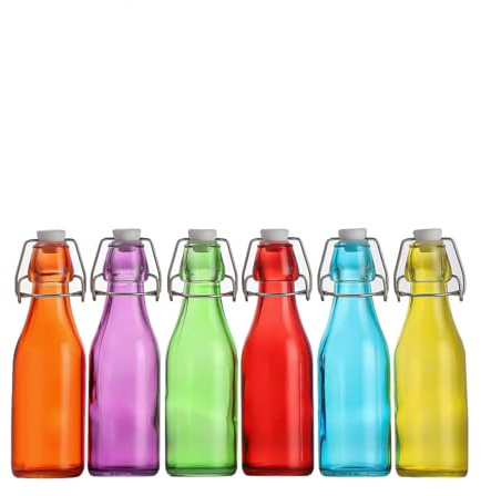 simpa Vintage Style Mix Colour Glass Bottles with Swing Top Lids. Round 250ml Bottles - Set of 6