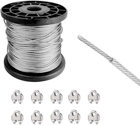 WENLISELL 50m Stainless Steel Wire Cable with M3 Cable Clamp, 3mm Wire Rope | 7x7 Strand Core, PVC Coated, Wire Rope Plastic Coated, For Garden, Fence, Hanging