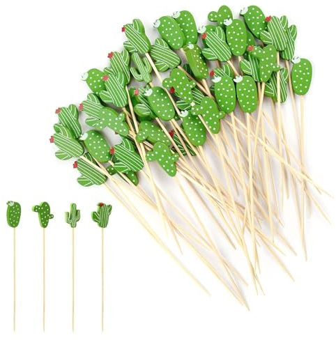 THKO 100 Piezas Palillos para Aperitivos, Brochetas Chuches, Palitos de Cóctel, Palillos Tarta Chuches, Decoración de Cócteles Fiesta Pinchos Palillos de Dientes - 12cm Cactus Verdes
