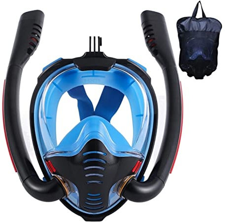 Tauchflasche Schnorchelmaske, Doppelschlauch, Silikon, vollständig trocken, Tauchmaske, Schwimmmaske for Erwachsene, Taucherbrille, eigenständige Unterwasseratmung Ultrahohe Stabilität(Black Blue,L/XL