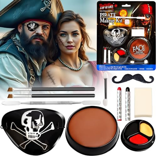 Halloween Pirat Make-Up Set für Erwachsene und Kinder - Schminke, Theaterschminke, SFX Make-Up, Augenklappe, Piratenbart, Dreifarbige Face Paint - Pirat Accessoires