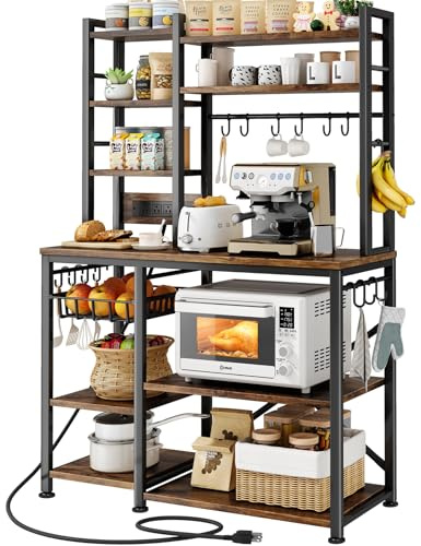 SNTD Baker Rack with Power Outlet - Microwave Stand with Storage, Large Coffee Bar Station with 14 Hooks, Metal Kitchen Shelf Rack for Spices, Pots (Rustic Brown)