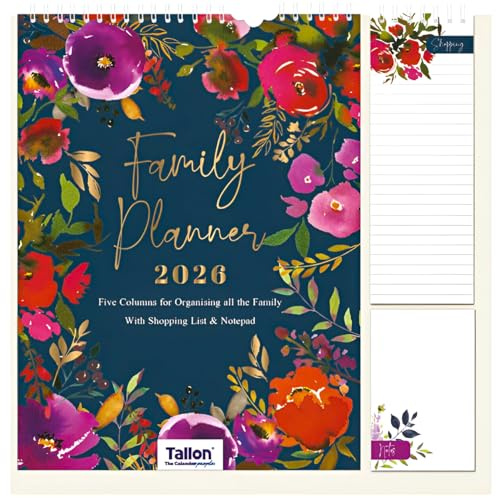 2026 Family Calendar – 5 Column Family Organiser Calendar with Shopping List & Notepad – Hanging Wall Planner 33cm x 33cm – 5 Person Month to View Family Wall Planner (Flowers)
