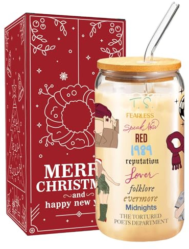 Divertente tazza di vetro natalizia per donne, 473,6 ml, tazza in vetro con coperchi e cannucce, bicchiere da caffè per feste, cantante merch, elefante bianco, idea regalo per ragazze, sorelle, figlie