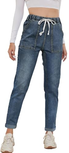 Alaster Queen Jeans Damen Mid Waist Kordelzug Jean Freizeit Jean Bequeme Boyfriend Jeans Damen Mittelblau XL