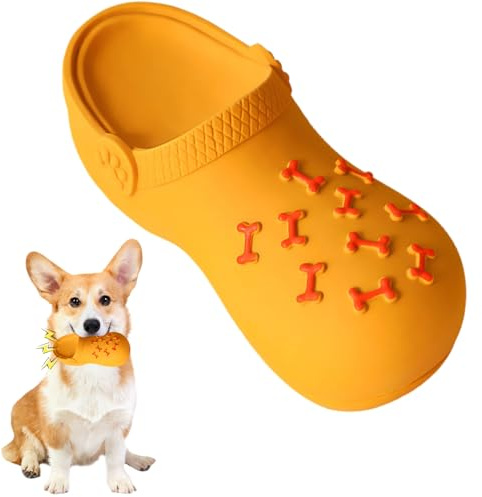Quietschendes Hundespielzeug für Aggressive Kauer,Interaktives Kauspielzeug Pantoffelform Zahnreinigung und Training,Robuster Gummispielzeug Gegen Langeweile für Hunde Welpen (Hausschuhe-Orange, S)