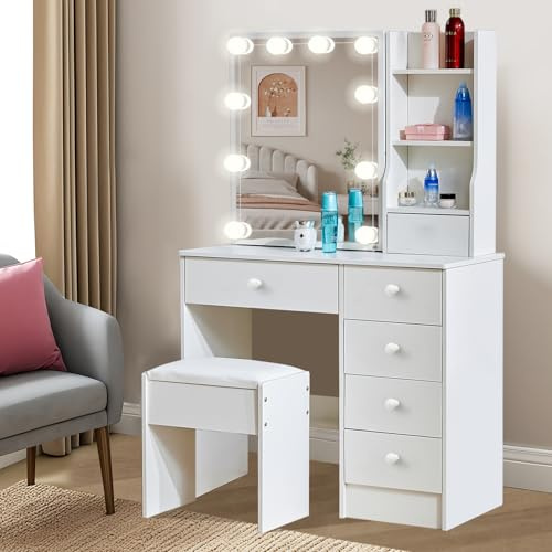 Dradaomull Sminkbord med justerbar LED-belysning, sminkbord med spegel, sminkbord med spegel, modernt sminkbord med spegel, vitt 131 x 80 x 36 cm (41)