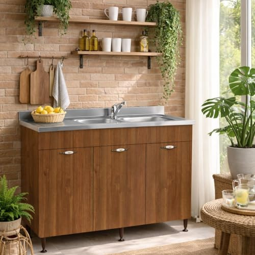 Linea Azzurra Sottolavello 120 con Lavello e Miscelatore Cucina con 3 Ante in Legno Made in Italy H85xL120xP50 cm Facile da Montare (Vasca e Destra, Noce Antico)