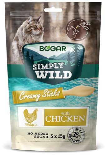 Bogar - Simply Wild - Snack gatti - Cibo per gatti - Integratore alla normale alimentazione - Stick gatto cremoso gusto Pollo - Per i momenti di interazione - 5x15g