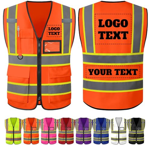 Custom Safety Vest with Logo Personalised High Visibility Vest Reflective for Men with Pockets Zipper Construction Workwear