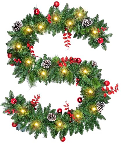 Guirnalda Navidad 2.7M / 9FT, Guirnalda Navidad con Luces y 220 Puntas de Ramas, con 30 LED Luces y Temporizador, Grinalda Natal para Escaleras,Chimenea,Puerta, Decoración Navidads Exterior/Interior