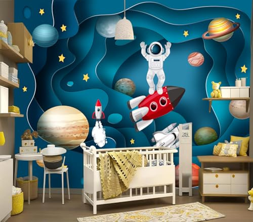 YIHWM-Peel and Stick Cartoon Planet Wallpaper Blue Spacecraft Outerspace Astronaut Children's Room Boys Nursery Bedroom Self-Adhesive wall mural-80 x58（32 Square Foot）