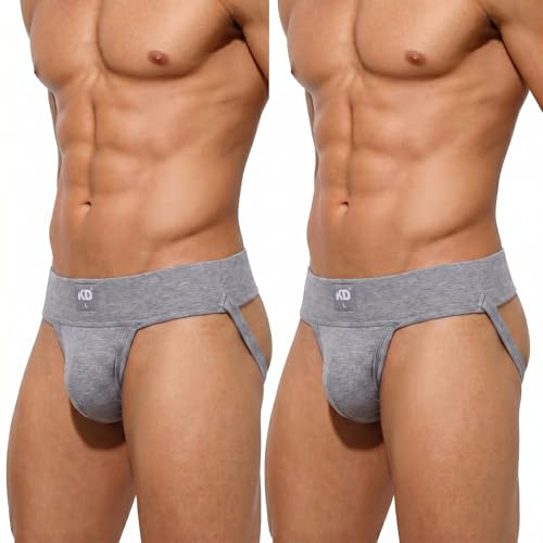 KD Willmax Men’s Jockstrap Organic Cotton Supporter – 3” Waistband, Soft & Durable Athletic Jockstrap with Cup Pocket, Grey Pack 2, Large