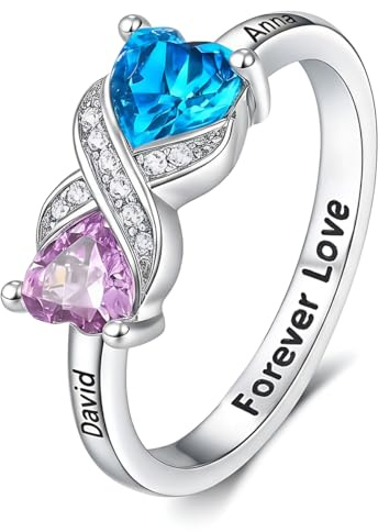 Bagues de promesse pour elle Bagues de fiançailles infini personnalisées pour femme avec 2 pierres de naissance en cœur Gravure Nom personnalisé Bague de fiançailles | bague infinity deux nom gravé