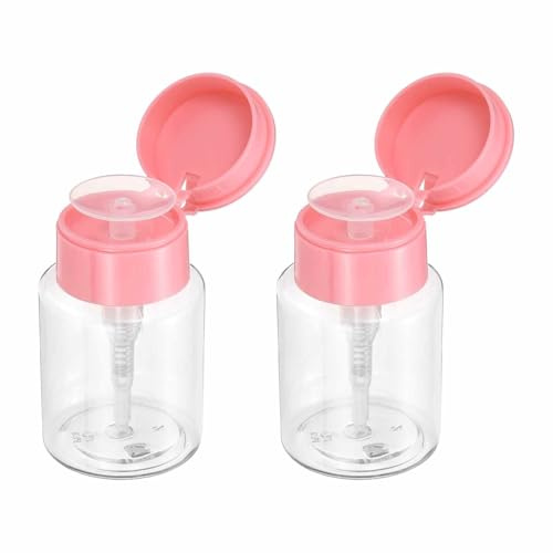 HARFINGTON 2pcs 3.4oz (100ML) Push Down Pump Dispenser Bottles,Pink | Plastic Nail Polish Remover Pumping Empty Bottle with Flat Flip Cap for Makeup Remover Alcohol Facial Toner
