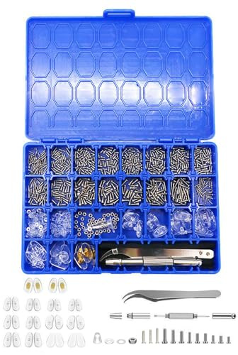 1000 PCS Glasses Repair Kit, Complete Eyewear Maintenance Set with Screwdriver, Screws, Screw Nuts,Tweezer, Glasses Cloth, Nose Pads and Carry Case