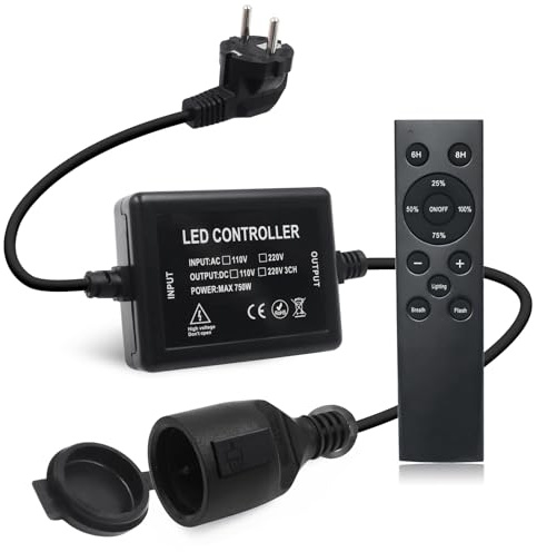 Wisada 750W LED Streifen Dimmer Controller, 230V Plug-in Schalter Dimmer mit 12-Tasten Fernbedienung, Zeitschalter Fernbedienungsdimmer, Stufenlose Dimmung für alle dimmbaren Lichtleisten