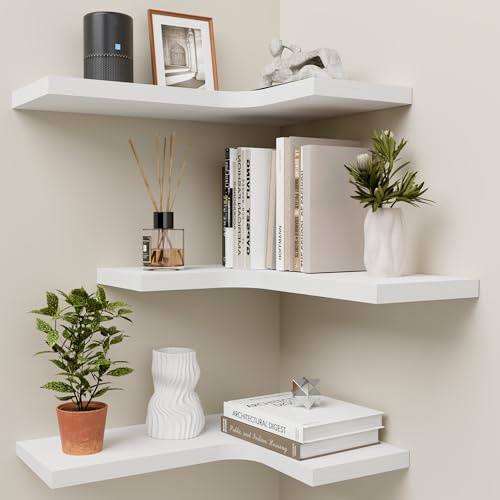 Homagle Mensola da Muro In Legno Mensola Angolare Sospesa Mensola Sospesa A Forma L Listone Per Soggiorno Camera Da Letto Bagno Ingresso Ufficio Decorazione Da Parete Set Da 3 (Bianco)