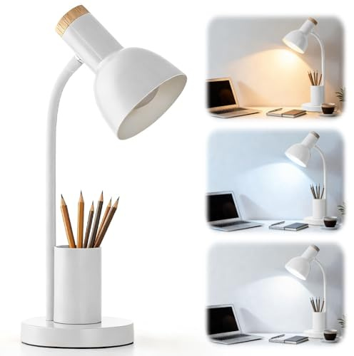 CEWROM LED Schreibtischlampe mit Stifthalter, Schreibtischlampe Kinder, 3 Farbmodi Leselicht Flexible Schwanenhals-Metall-Studienlampe, Augenschutz Tischlampen für Zuhause Büro Schlafsaal (Weiß)
