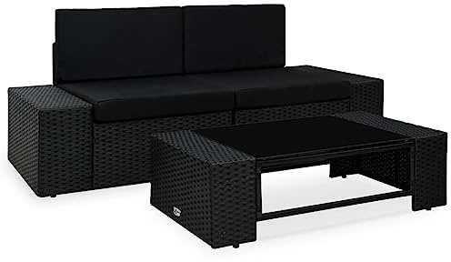 Owoxanthellate 3-Teiliges Poly-Rattan Lounge-Set Schwarz wetterfest modulares Ecksofa mit Glas-Tisch 78,5x65,5x52 cm Balkon Terrasse