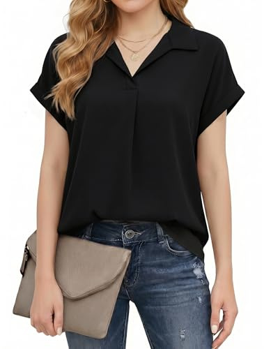 Enmain Blusa Negro Mujer Manga Corta Verano Camisa Mujer Cuello V Chiffon Elegante Camiseta Trabajo Oficina Casual Camisas Color Sólido Tops con Solapa L