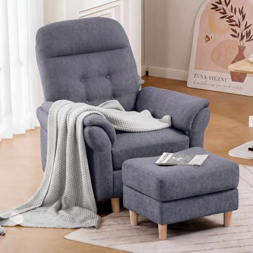 COMHOMA Poltrona Relax, Poltrona Inclinabile con Taburetto, Schienale Regolabile a 4 Livelli, Tasca Laterale, Singola per Soggiorno, Camera da Letto, Cinema, Chenille, Grigio
