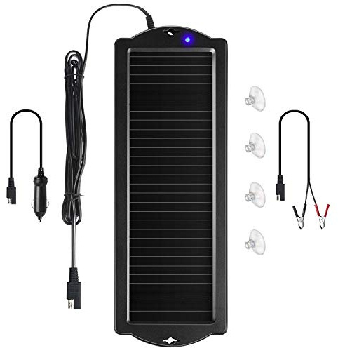 Sunway Solar 12V Solar Panel Power Battery Charger & Maintainer, Cigarette Lighter Plug & Battery Clamp, Black, Moderate Efficiency, Basic/Functional Style